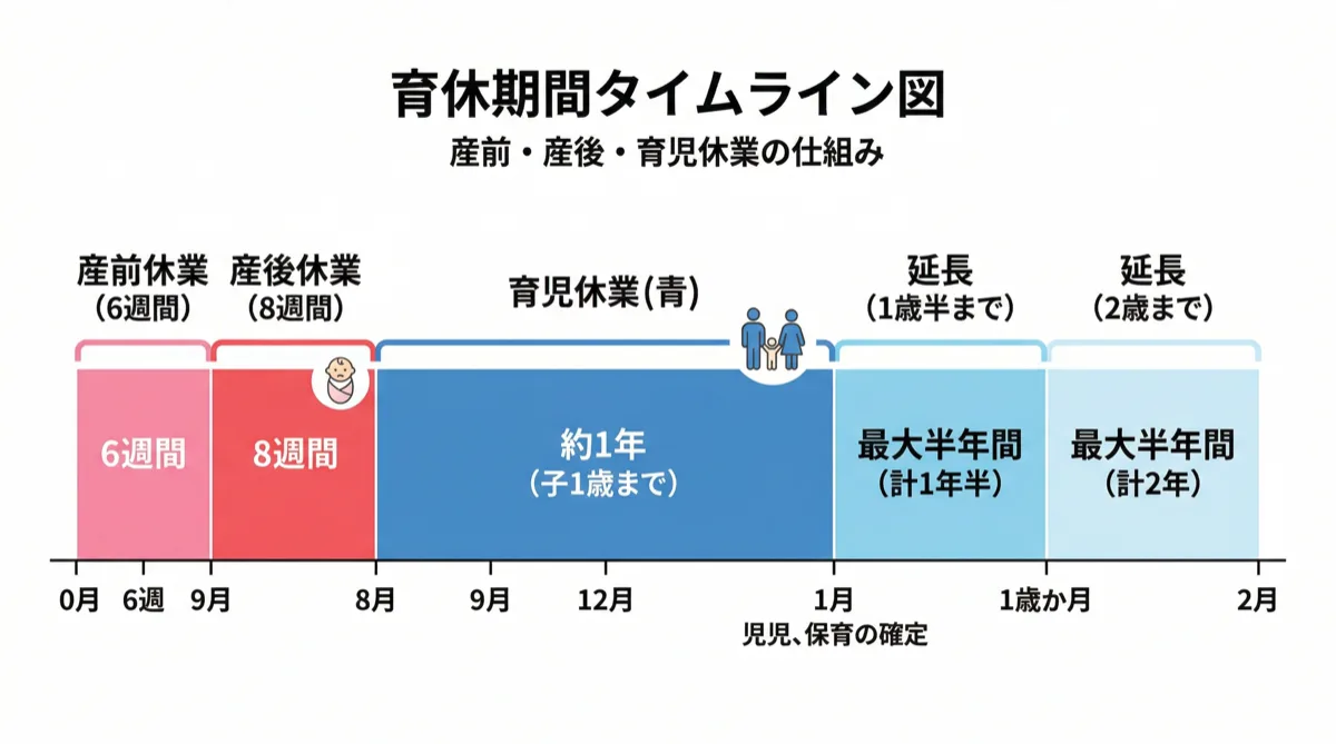 育休制度のタイムライン図：産前産後休業から育児休業、1歳・1歳6ヶ月・2歳までの延長を図解